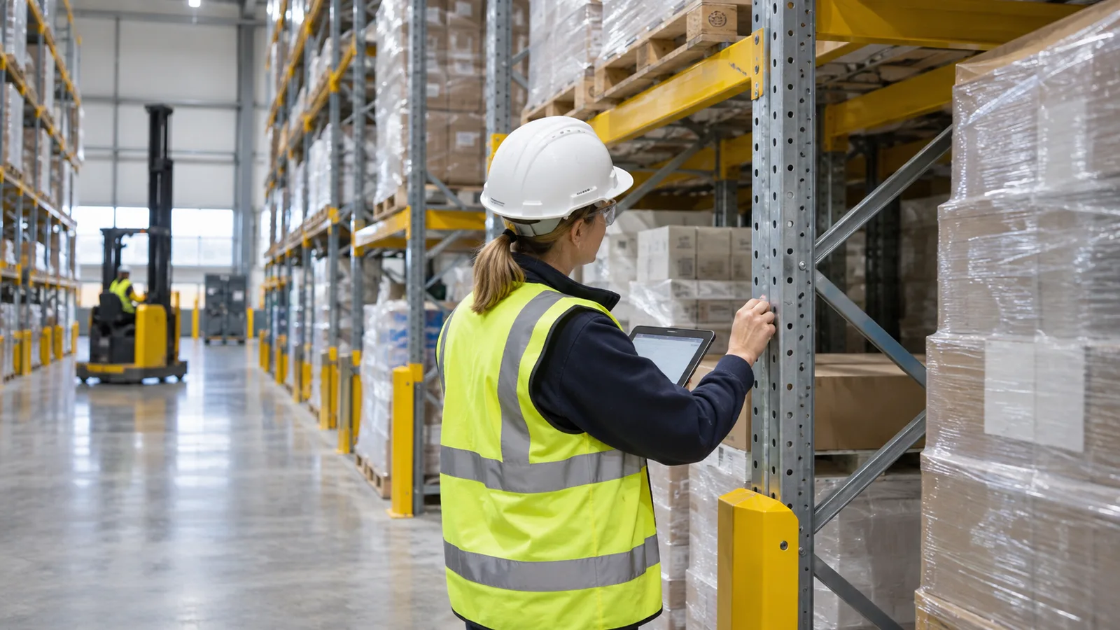 Warehouse safety professional inspecting a pallet-racking upright