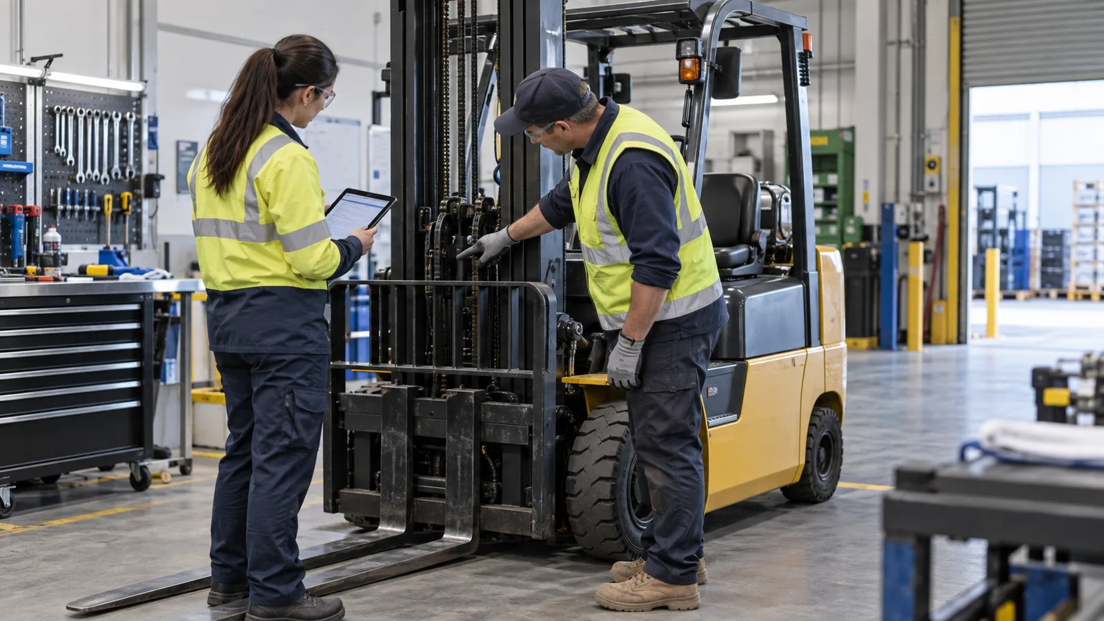 Maintenance lead and safety reviewer verifying a forklift repair
